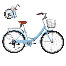 Women Bike, 26 In Folding Beach Cruiser Bike, 7-Speed Adult City Bicycle With Steel Frame, 330 Lbs Capacity, Basket, Rear Rack & Dual V-Brakes, L (Option: default)
