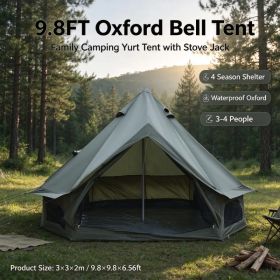 9.8FT 13.1FT Dual Size Options Bell Tent Waterproof Oxford Glamping Tent with Stove Jack, 4 Season Family Camping Yurt Tent OLFC0001 (Option: Dark Green-9.8ft)
